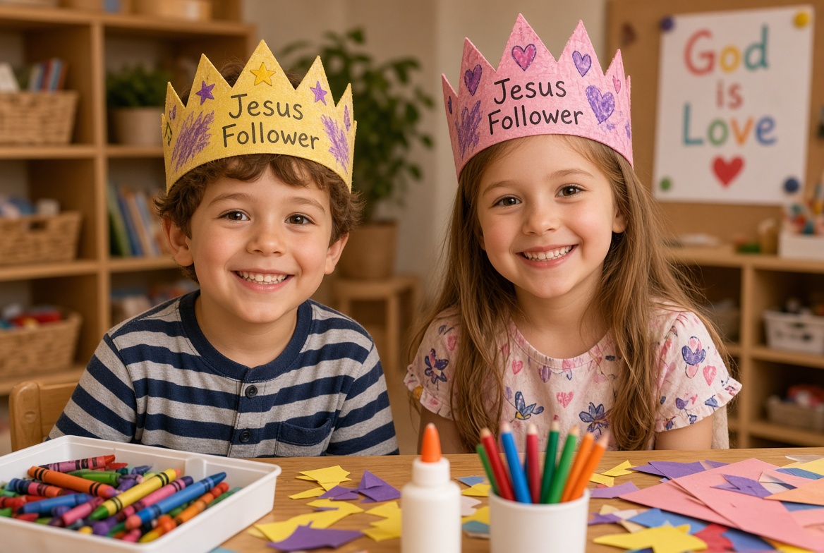 Two young children wearing handmade paper crowns that say Jesus Follower