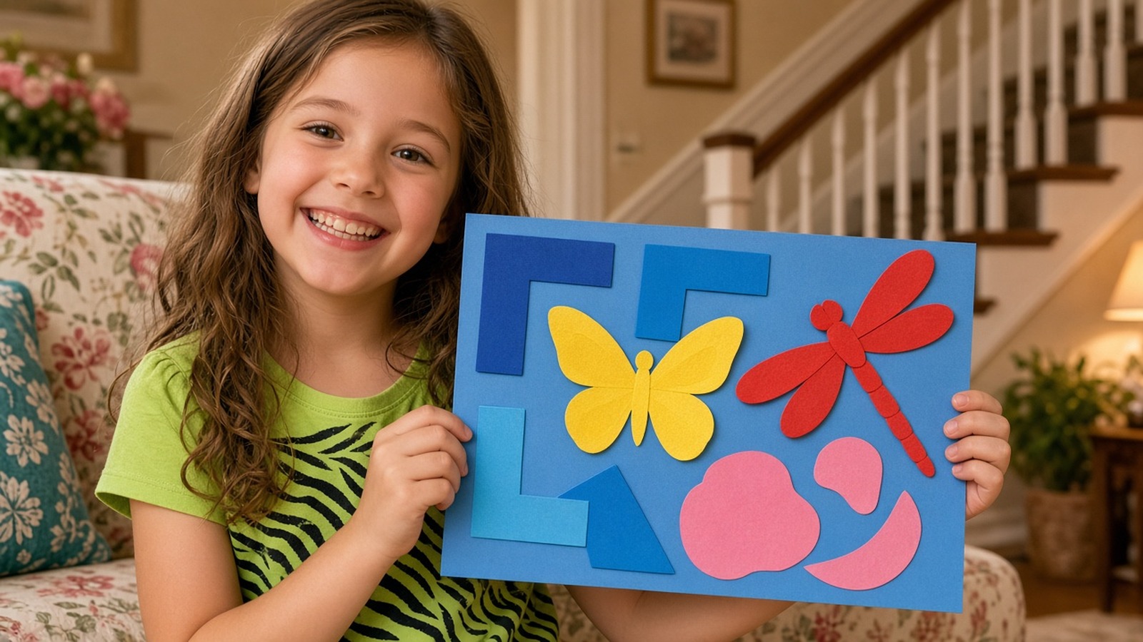 Young girl beaming while holding up her colorful handmade Bible book collage poster