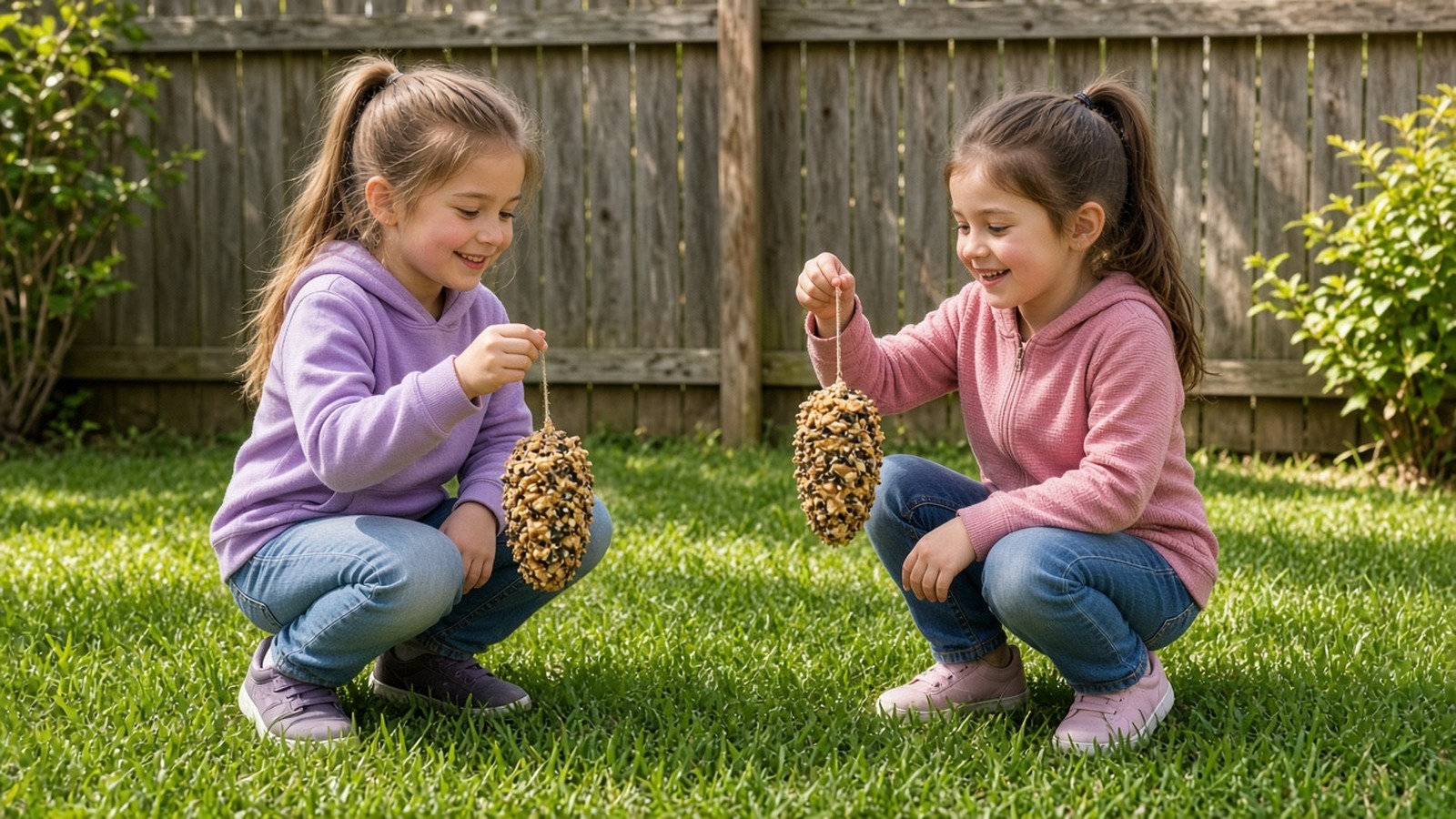 Two girls in a backyard holding small pinecone bird feeders spread with peanut butter and rolled in birdseed