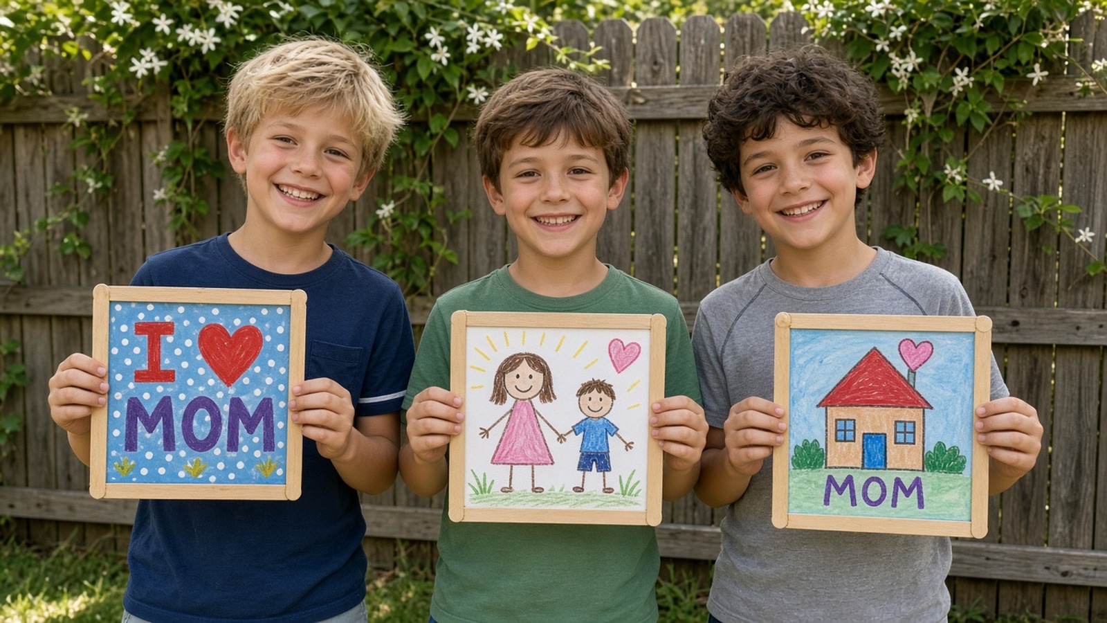 Three boys holding craft-stick picture frames painted as gifts for Mom