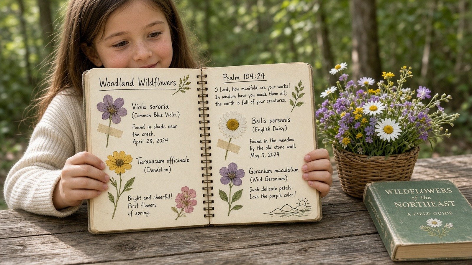 Child holding up an open nature journal with pressed flowers and a Psalm verse