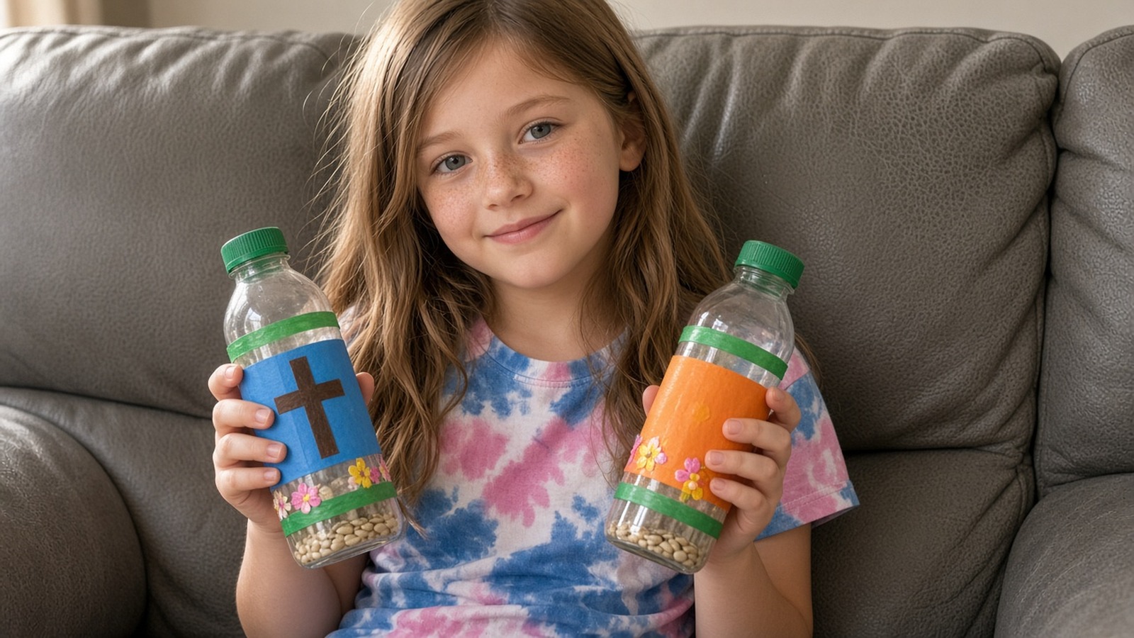 Young girl smiling while holding two handmade praise-shaker bottles, one decorated with a cross